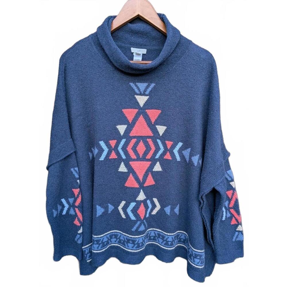 J. Jill Women's Size L Blue Aztec Print Cowl Neck Poncho Sweater